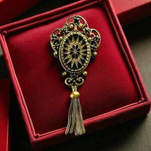 Vintage Victorian Revival Brooch Black Gold Glass Filigree Rhinestone Tassel Pin